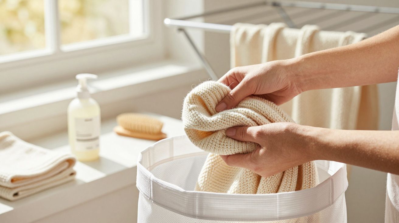 Mãos segurando um casaco de lã beige sobre um cesto de roupa, com artigos de limpeza ao fundo numa divisão bem iluminada.