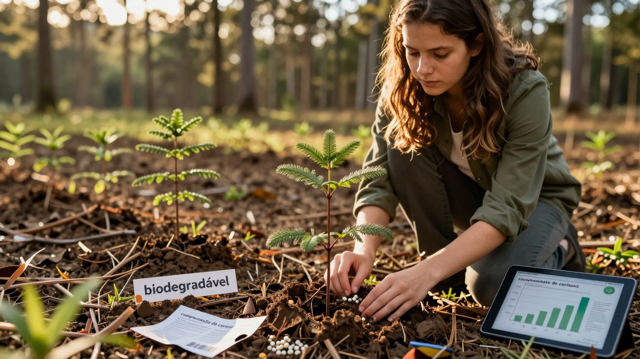 Mulher planta mudas em solo fértil com tablete e notas de pesquisa ao lado numa floresta ao entardecer.