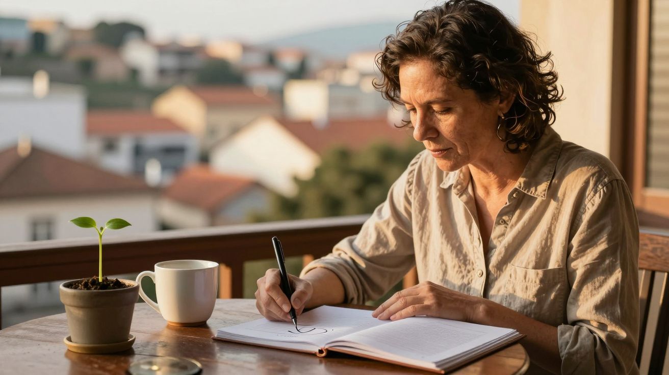 Mulher a escrever num caderno ao ar livre, com caneca e planta ao lado, num terraço ao entardecer.