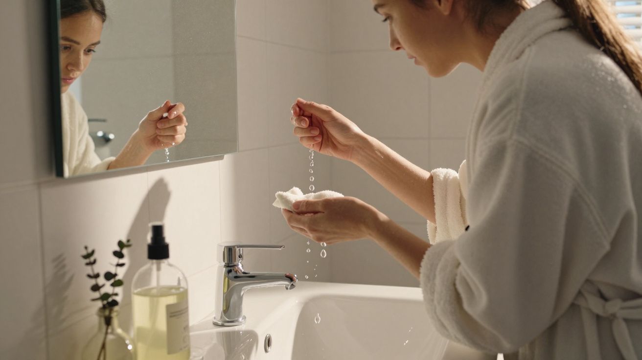 Mulher em roupão branco lava o rosto com água, em frente ao espelho de uma casa de banho.