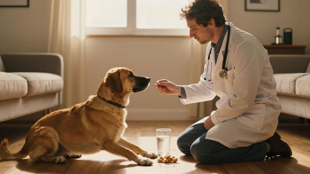 Veterinário em casa ajoelhado a oferecer uma guloseima a um cão labrador sentado no chão ao lado de um copo de água.