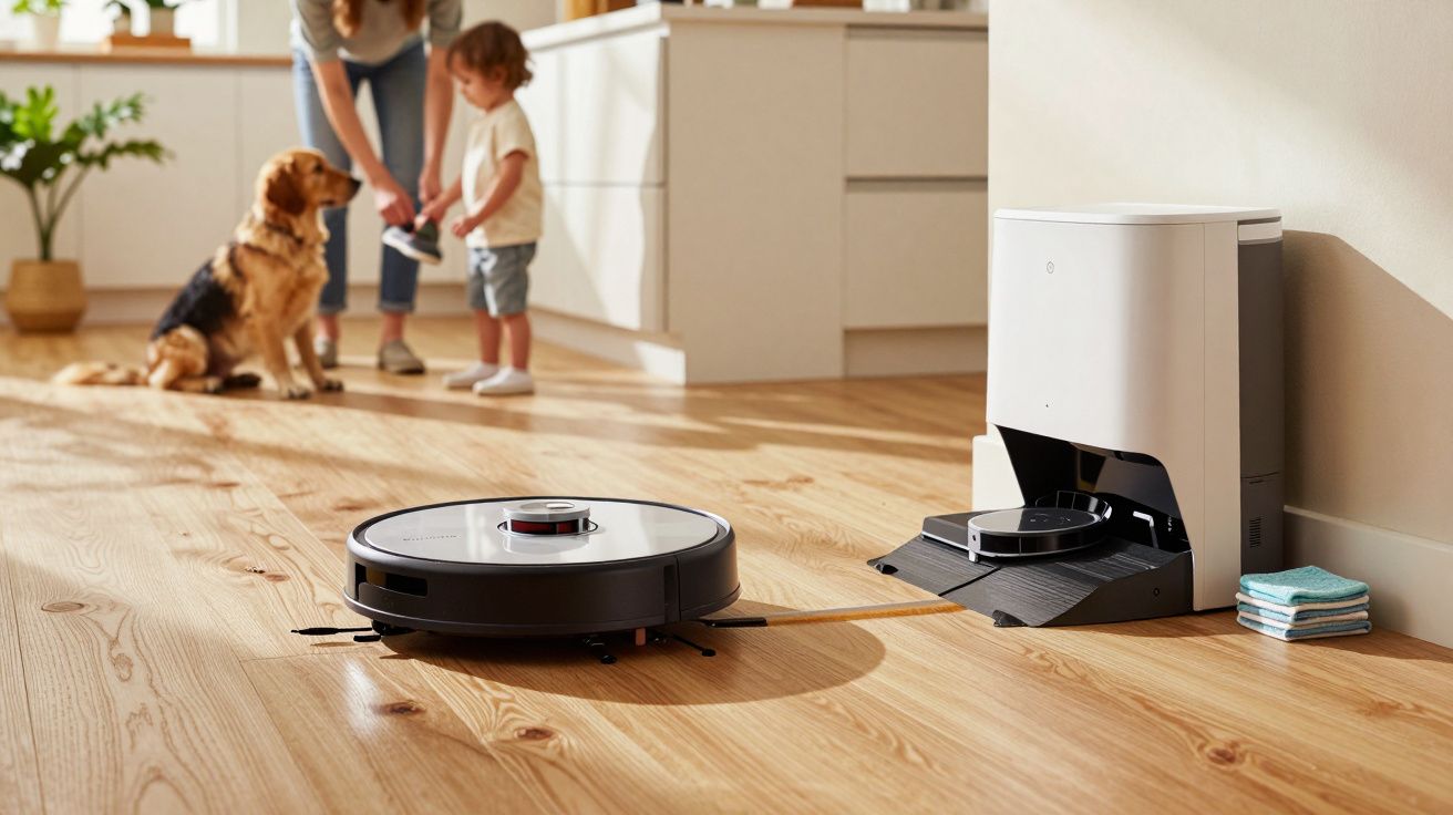 Aspirador robô numa sala com chão de madeira, base de carregamento à direita e uma criança com um cão ao fundo.