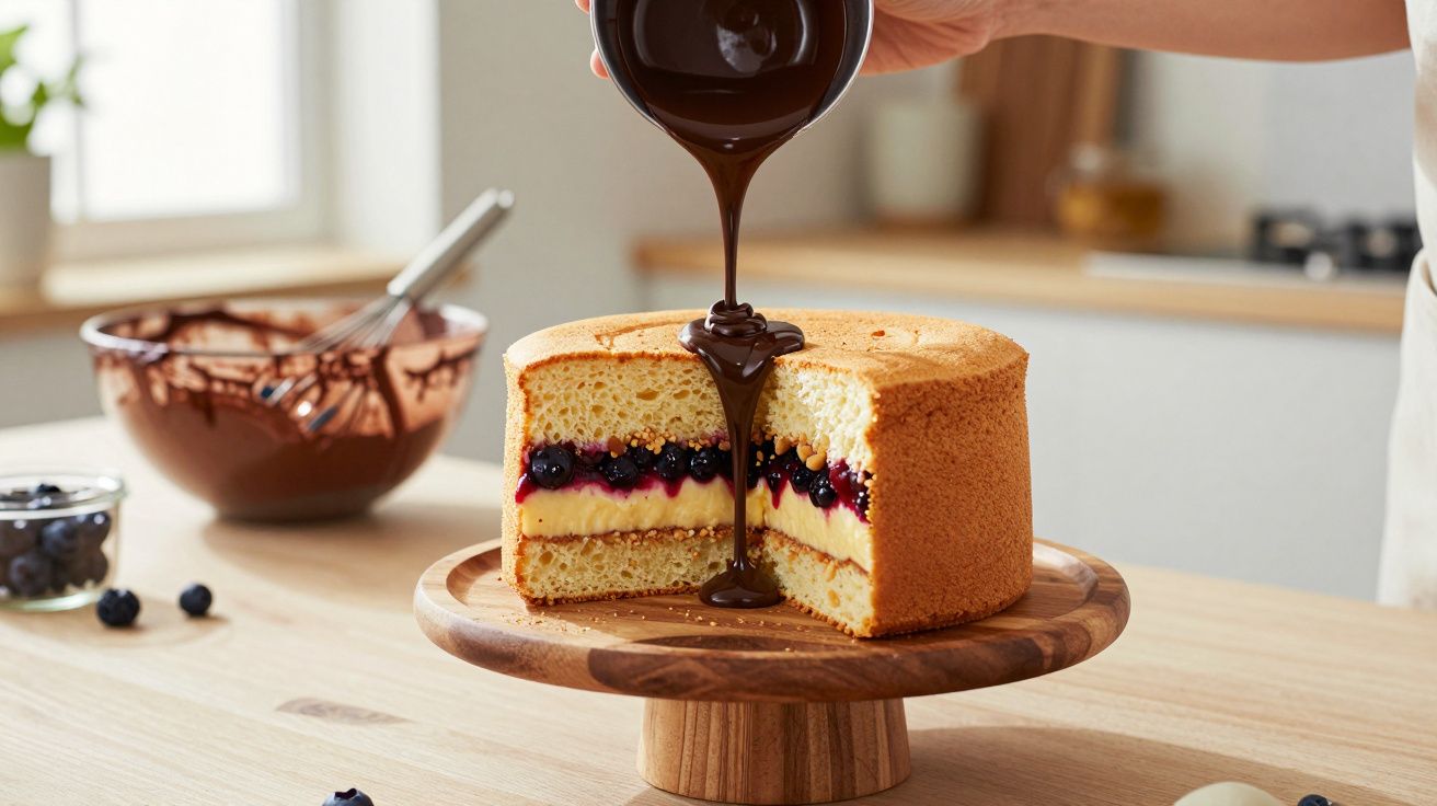 Bolo de duas camadas com recheio de frutas e creme, sendo coberto com chocolate líquido em prato de madeira na cozinha.