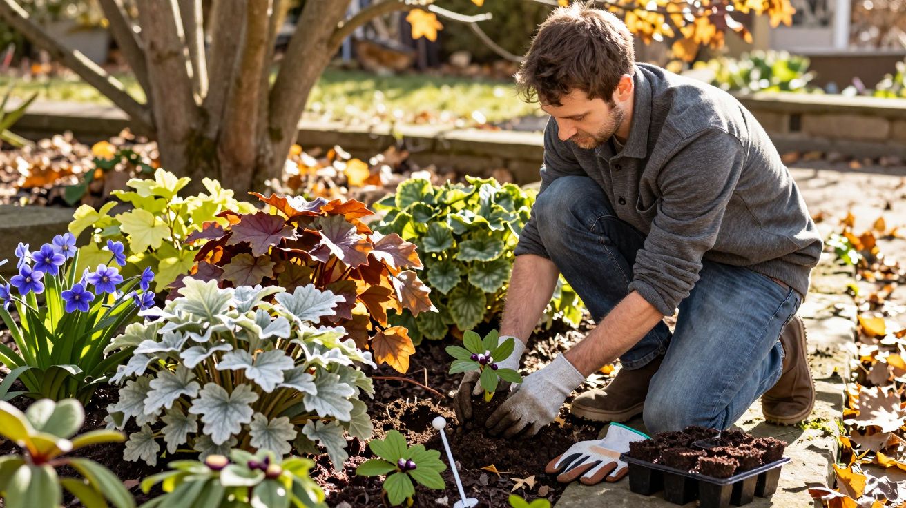Homem plantando flores em um jardim verdejante sob luz solar, usando luvas e ajoelhado na terra.