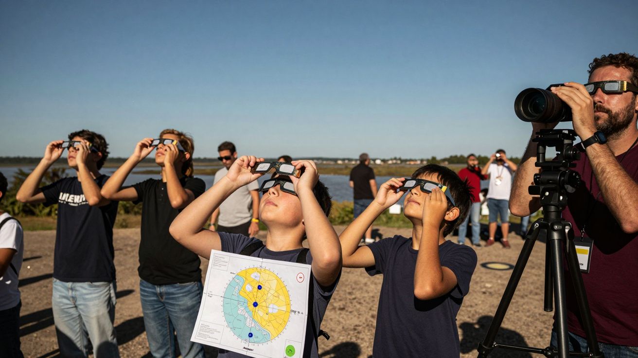 Grupo de pessoas observa eclipse solar com óculos especiais ao ar livre, próximo a um lago, em dia ensolarado.