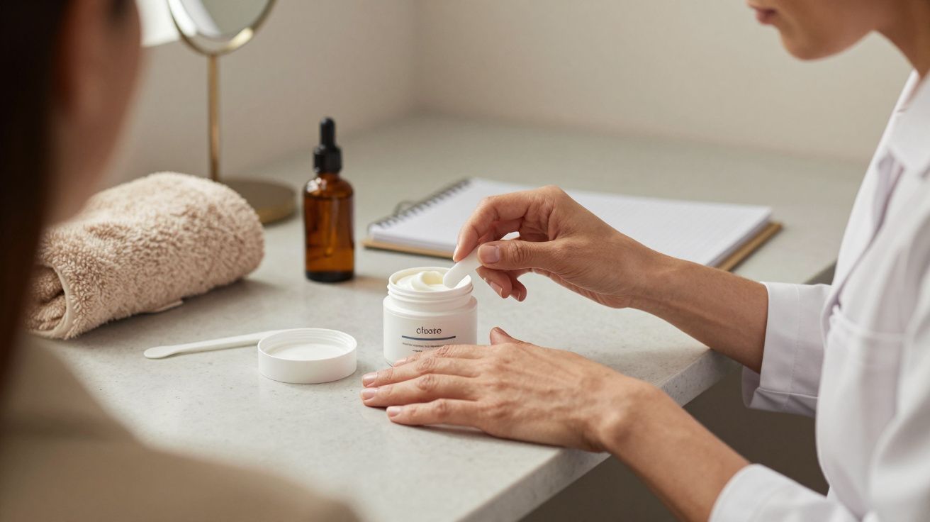 Pessoa aplicando creme de pote branco numa mesa com toalha e frasco âmbar ao fundo.