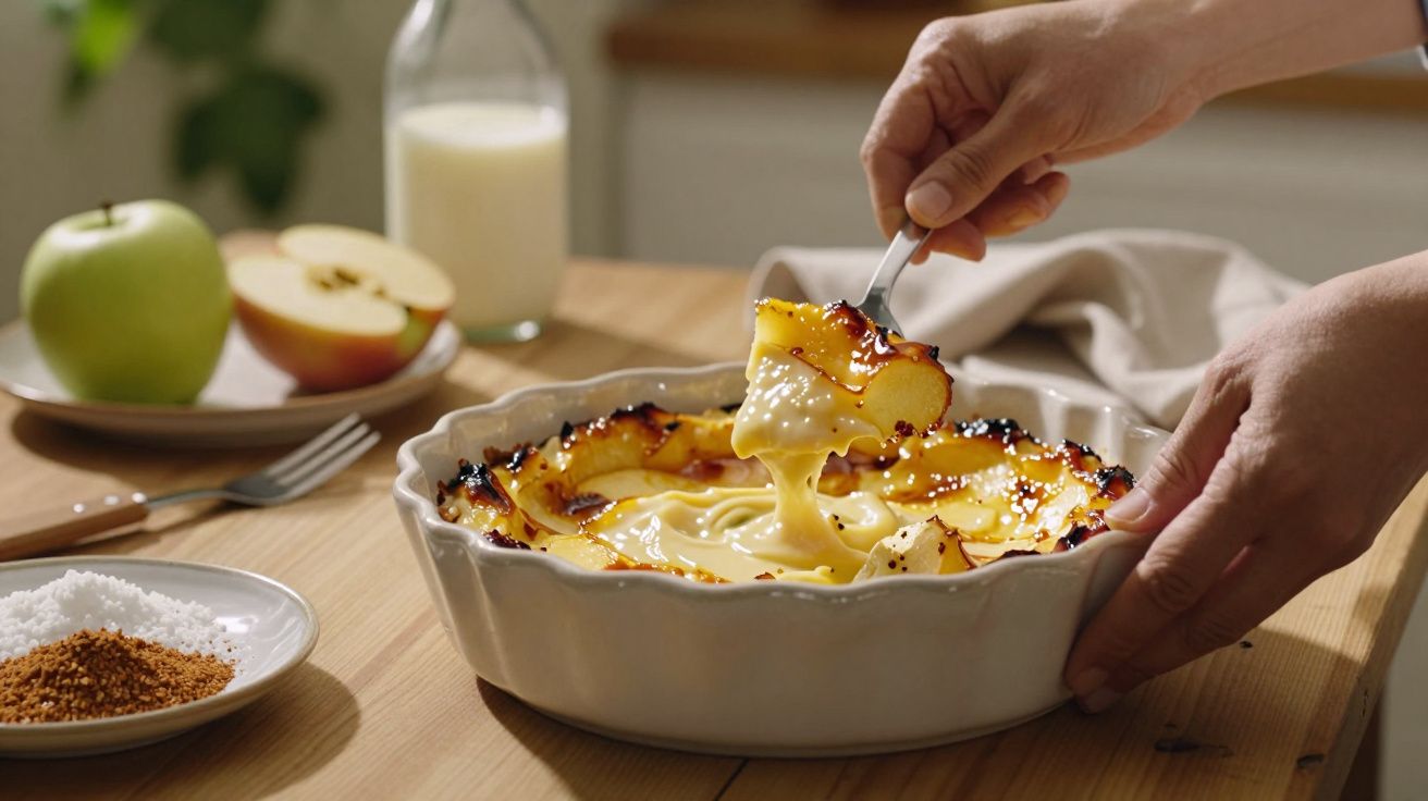 Mãos a servir uma fatia de sobremesa cremosa num prato fundo, com maçã caramelizada e leite ao fundo.