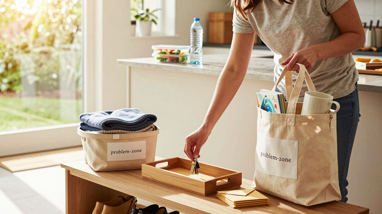 Pessoa organizando objetos em sacos e bandeja numa cozinha iluminada pelo sol.