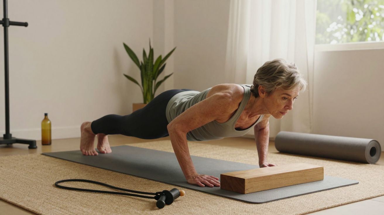 Mulher idosa faz prancha em tapete de ioga numa sala iluminada com planta e equipamento de exercício.