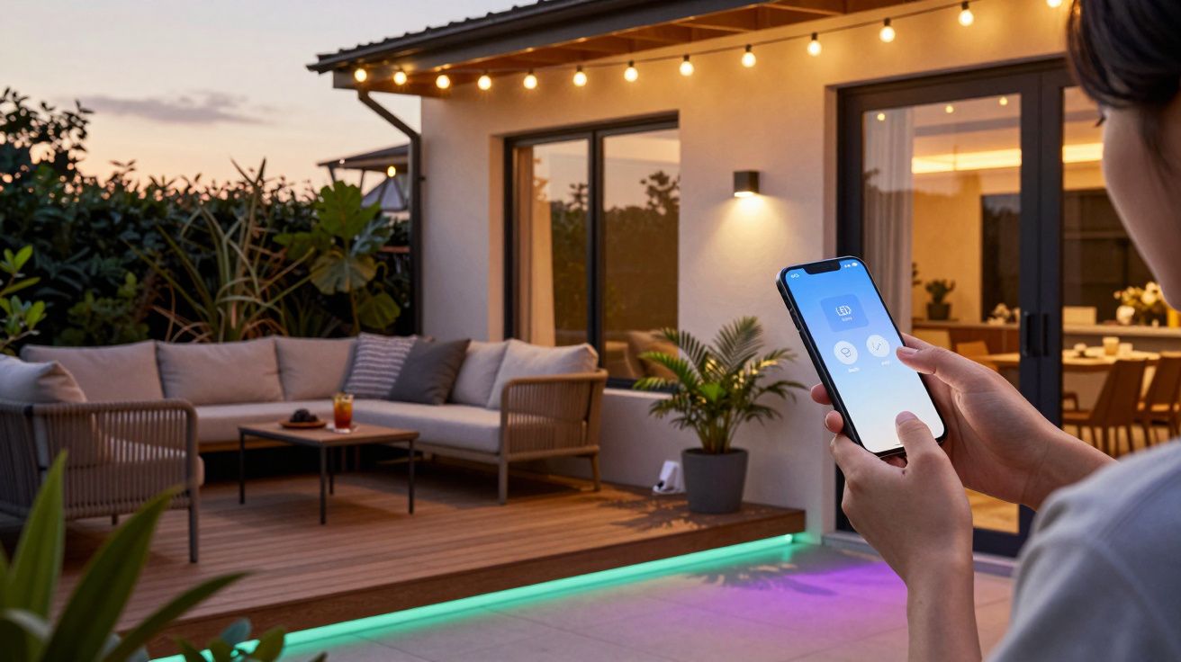 Pessoa controla iluminação de um terraço aconchegante com smartphone ao entardecer, luzes e sofá ao fundo.