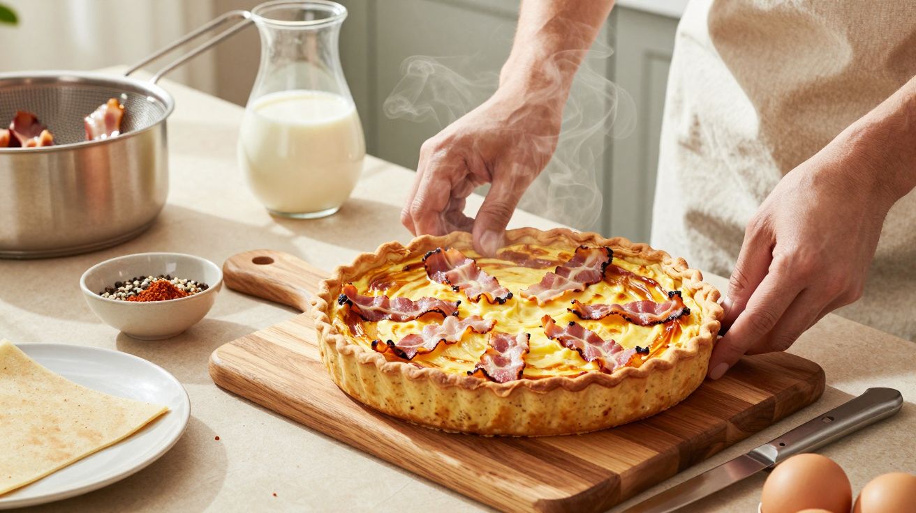Pessoa prepara quiche com bacon em tábua de madeira, acompanhada por ingredientes como leite e especiarias na bancada.