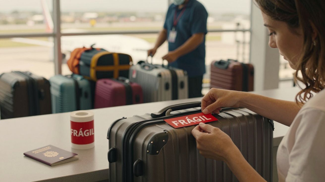 Mulher colando etiqueta "frágil" numa mala de viagem cinza em aeroporto; passaporte português ao lado.