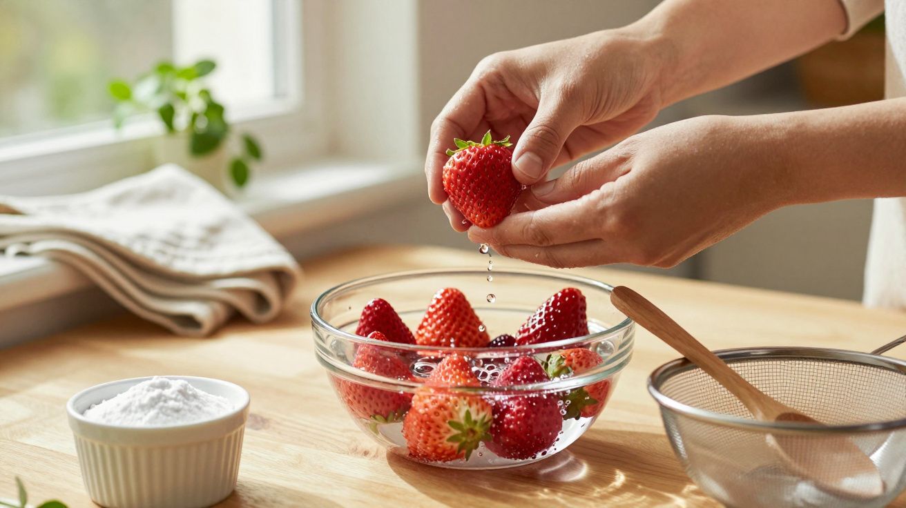 Mãos lavando morangos numa tigela de vidro, com farinha e peneira ao lado, em cima de uma mesa de madeira junto à janela.