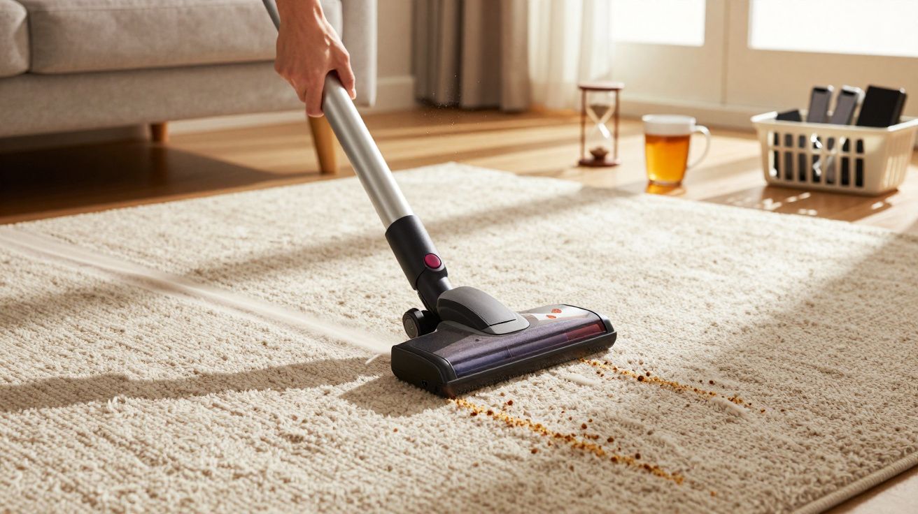 Pessoa a aspirar um tapete claro com aspirador, copo de chá e cesta ao fundo numa sala iluminada.