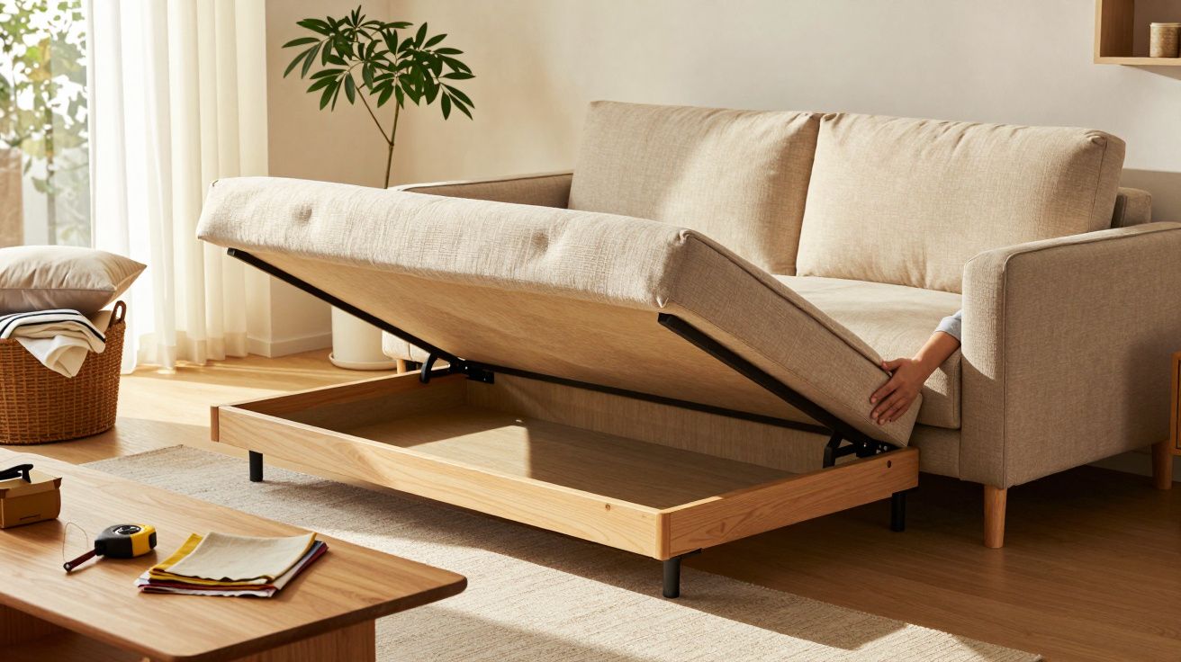 Sofá bege com assento elevável e armazenamento interno, em sala com luz natural e decoração minimalista.