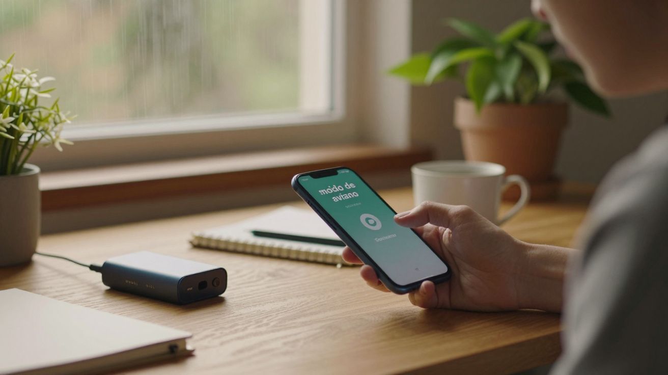 Pessoa segura telemóvel com "modo de avião" ativado numa secretária com plantas, caderno e carregador portátil.