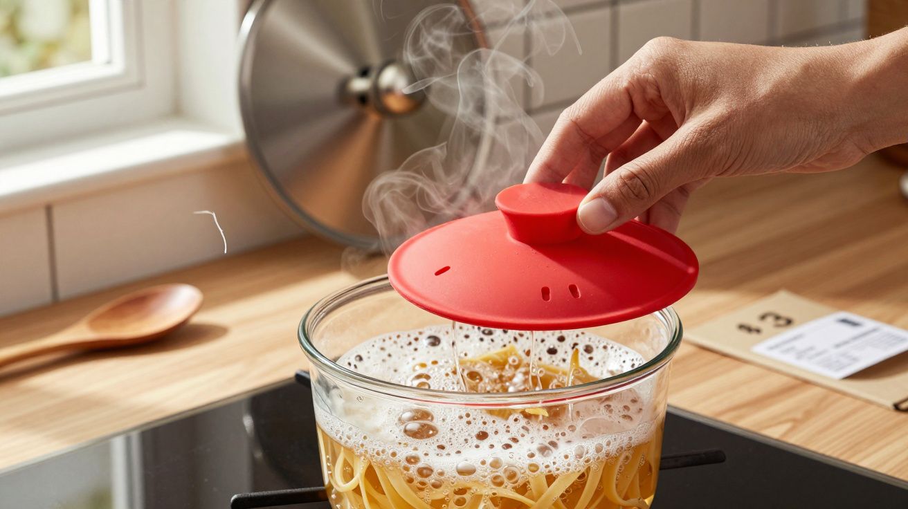 Mão levantando tampa vermelha de silicone sobre panela transparente com esparguete a ferver numa cozinha.