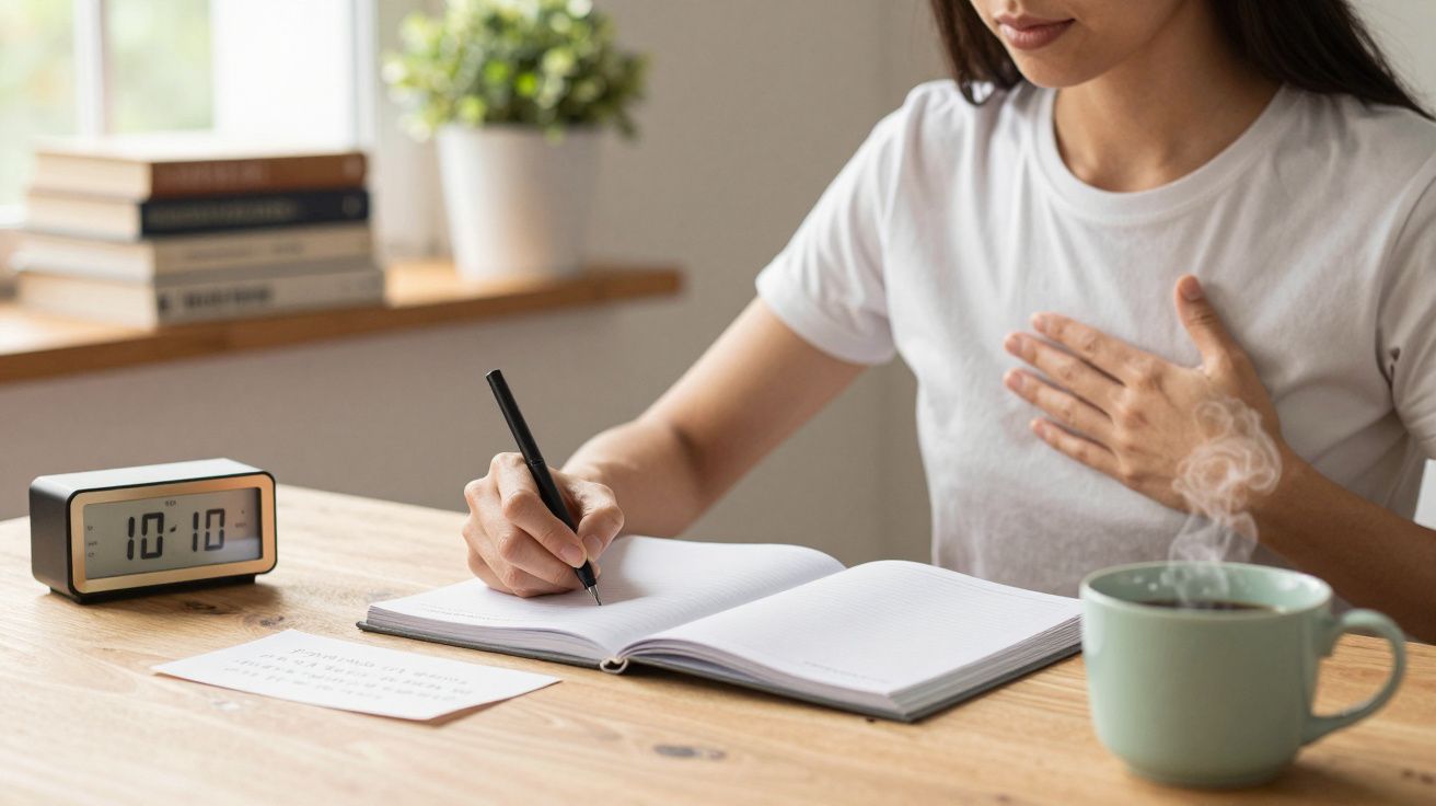 Mulher sentada à mesa escrevendo num caderno, com uma caneca e um relógio a marcar 10:10 ao lado.