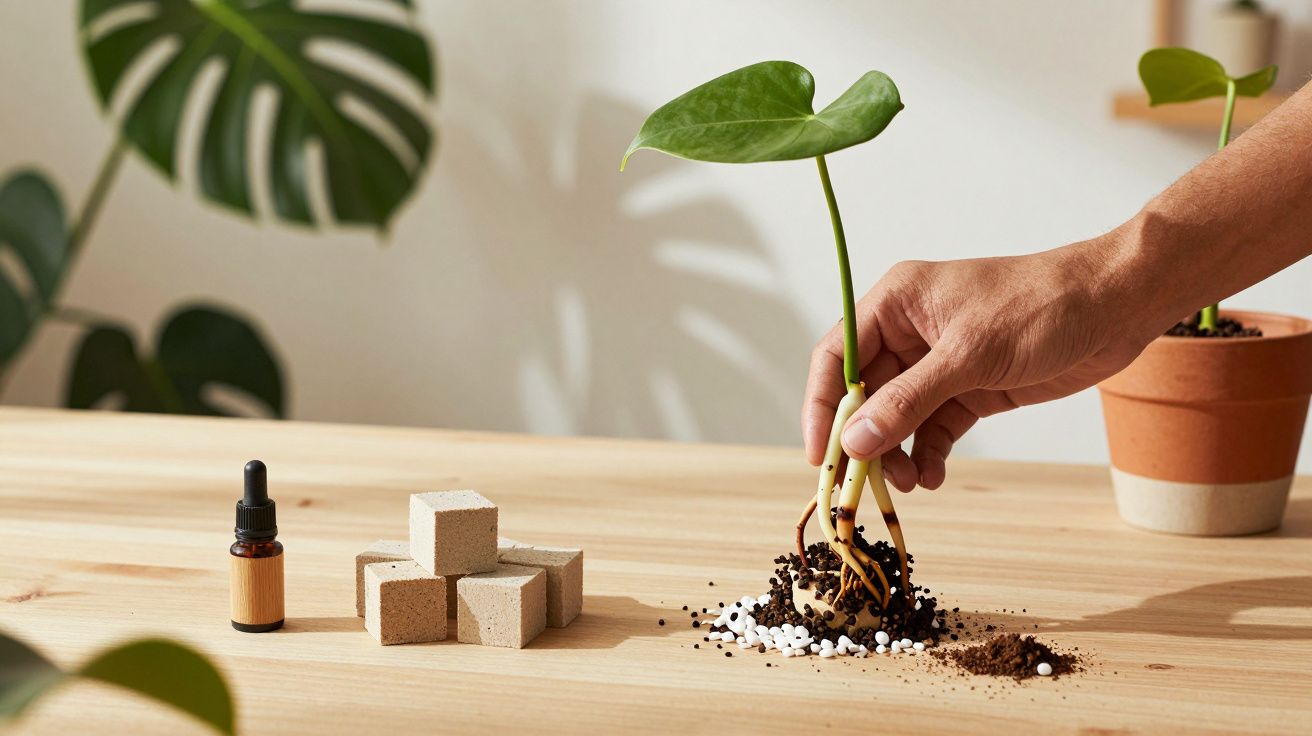 Mão planta muda com raízes numa mesa de madeira, junto a um frasco e cubos.
