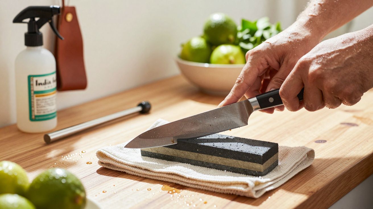 Pessoa afiando faca em pedra de amolar numa cozinha com limões e spray ao fundo.