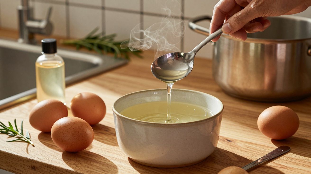 Mão segurando concha vertendo líquido fumegante em taça, ao lado de ovos, garrafa e alecrim sobre bancada de cozinha.