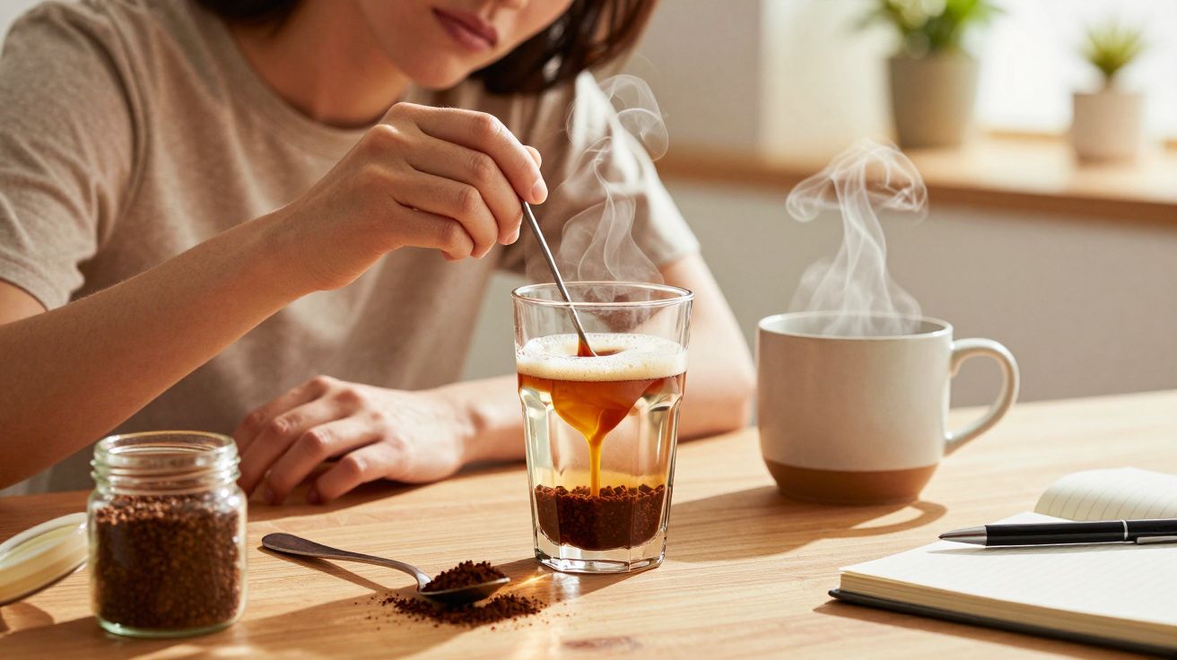 Mulher a mexer café instantâneo num copo, com vagem de café e caneca ao lado, em cima de uma mesa de madeira.