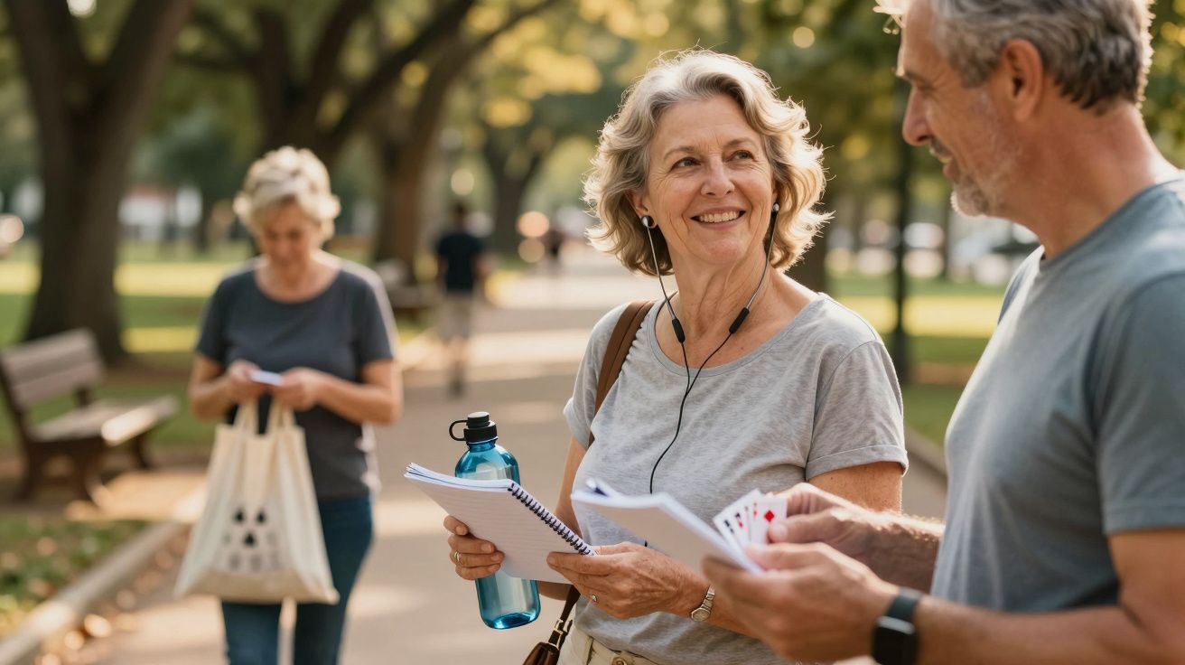 Três pessoas a caminhar num parque, duas conversam enquanto seguram blocos de notas, uma ao fundo lê sozinha.