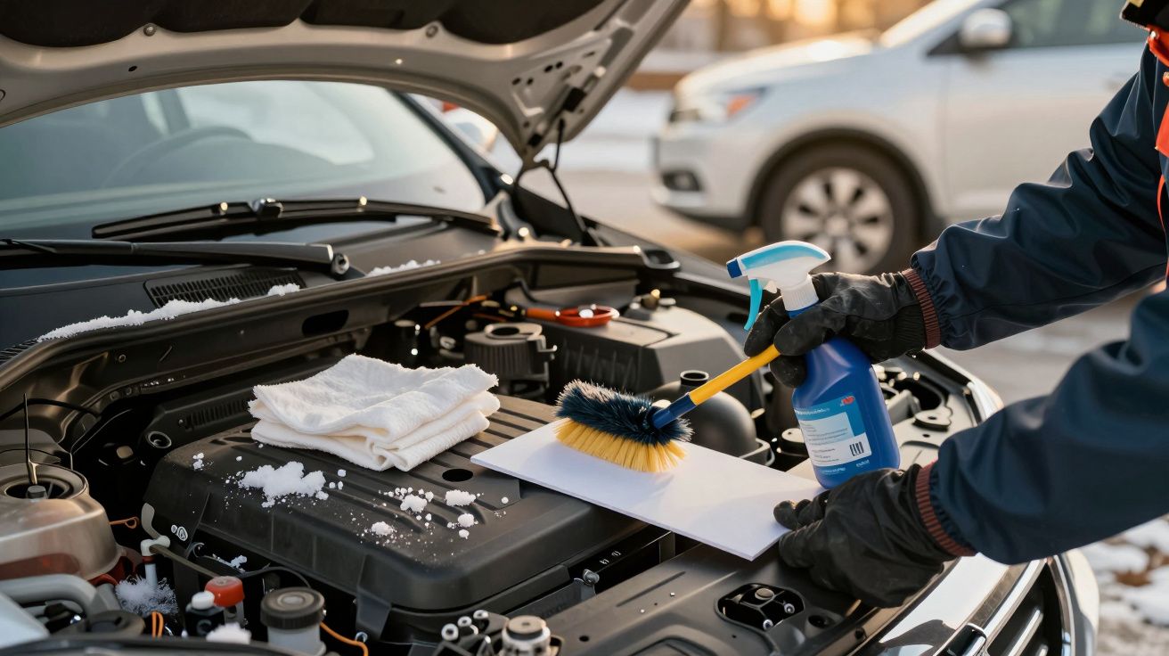 Pessoa limpa motor de carro com escova e spray, lenços ao lado. Neve ao redor, capô aberto, carro ao fundo.