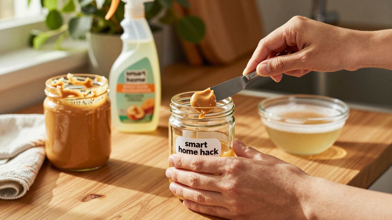 Mãos seguram frasco de compota com rótulo "smart home hack"; pote de manteiga de amendoim ao lado.