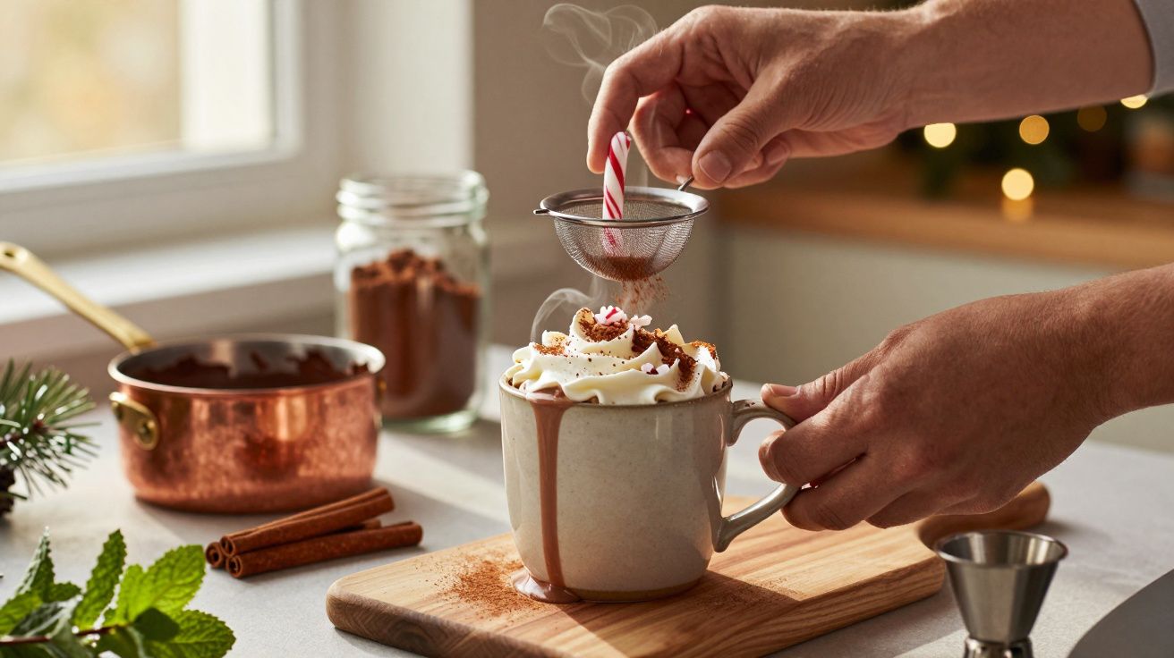 Mãos segurando uma caneca de chocolate quente com chantilly, polvilhando com cacau através de uma peneira pequena.