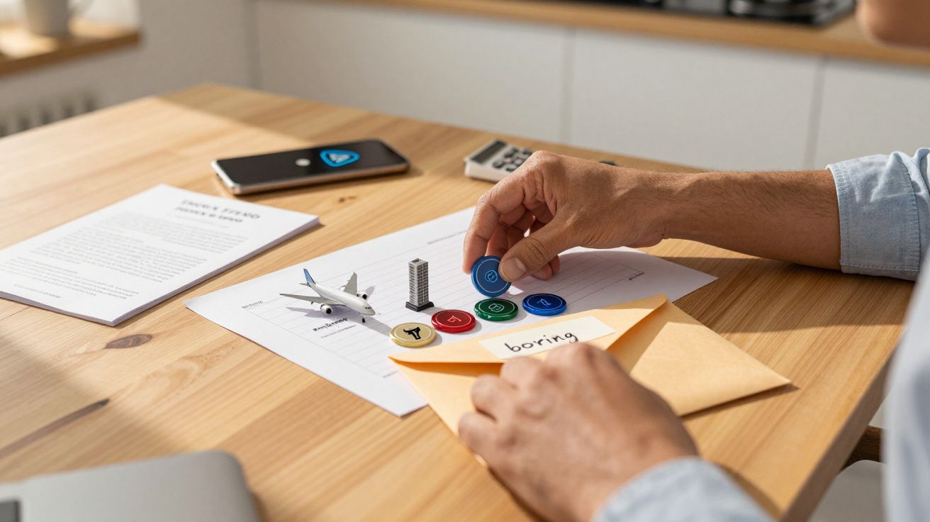 Pessoa organizando peças de jogo num envelope rotulado "boring", com miniaturas de avião e edifício na mesa.