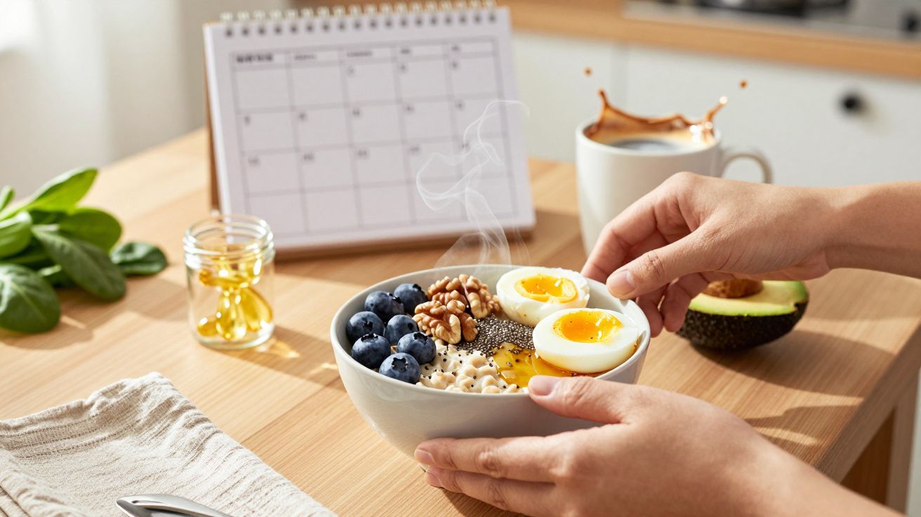 Mãos seguram tigela com ovos, nozes e mirtilos sobre mesa de madeira, calendário ao fundo e chávena de café ao lado.