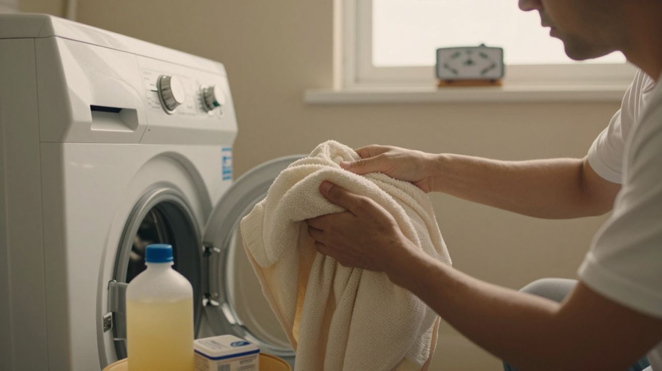 Homem coloca roupa na máquina de lavar com detergente ao lado, luz suave entra pela janela.