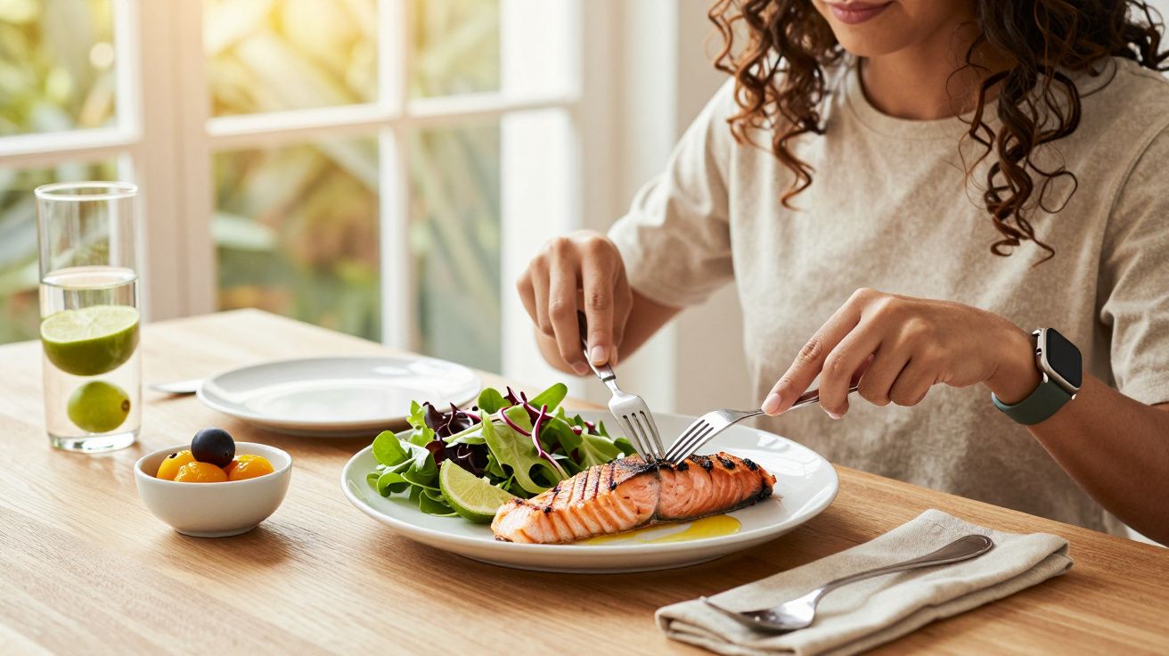 Mulher a comer salmão grelhado com salada, ao lado de uma sobremesa e copo de água com limão.