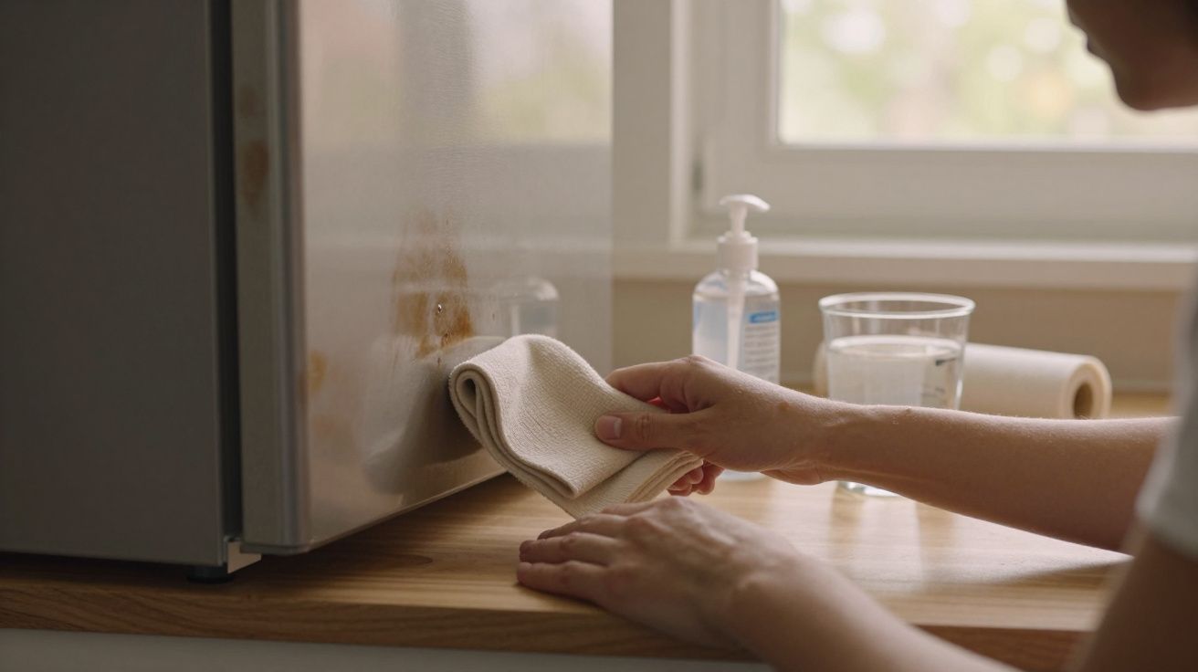 Pessoa a limpar um frigorífico inox com um pano, numa bancada de madeira ao lado de um copo de água e gel desinfetante.