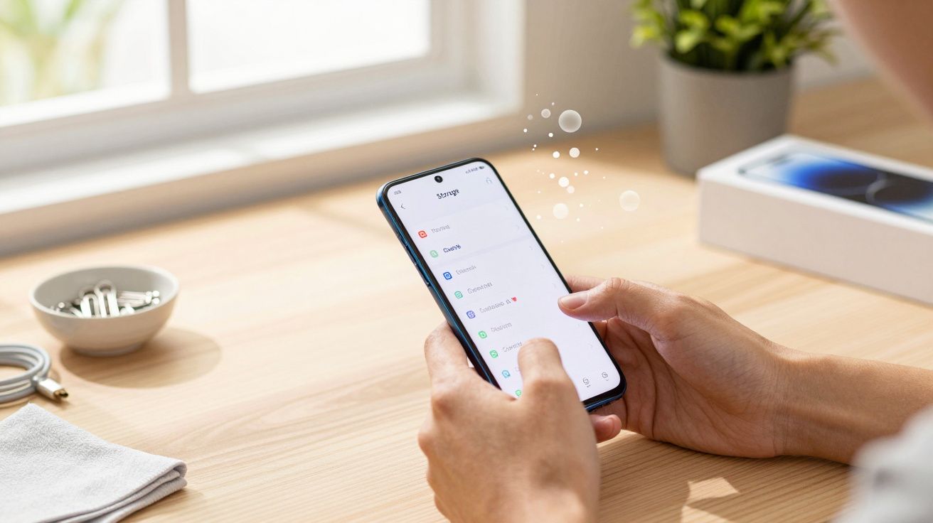 Pessoa segurando um smartphone numa mesa, com janela ao fundo e caixa ao lado.