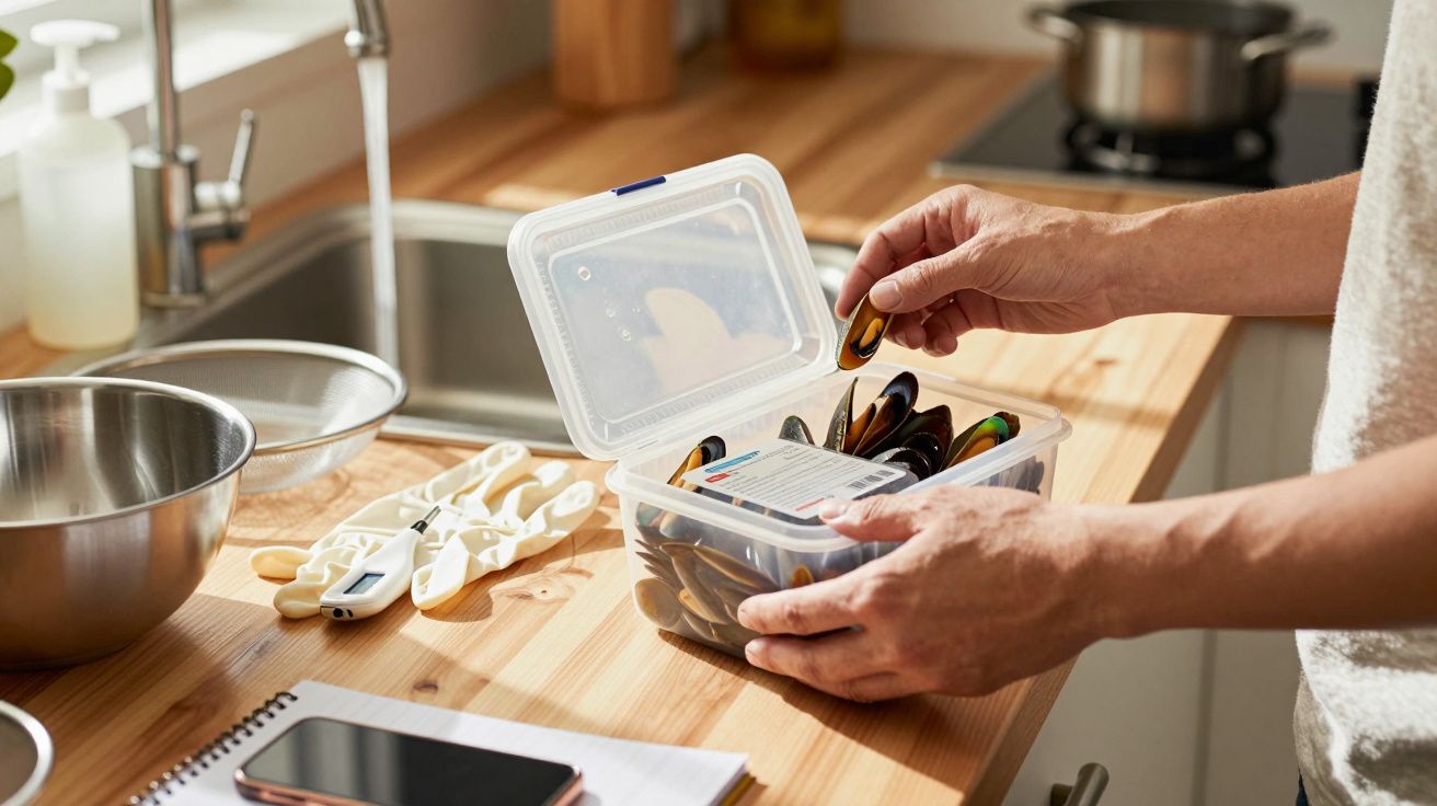 Pessoa a segurar caixa de plástico aberta com molas para roupa, numa cozinha ao lado de uma taça e telefone.