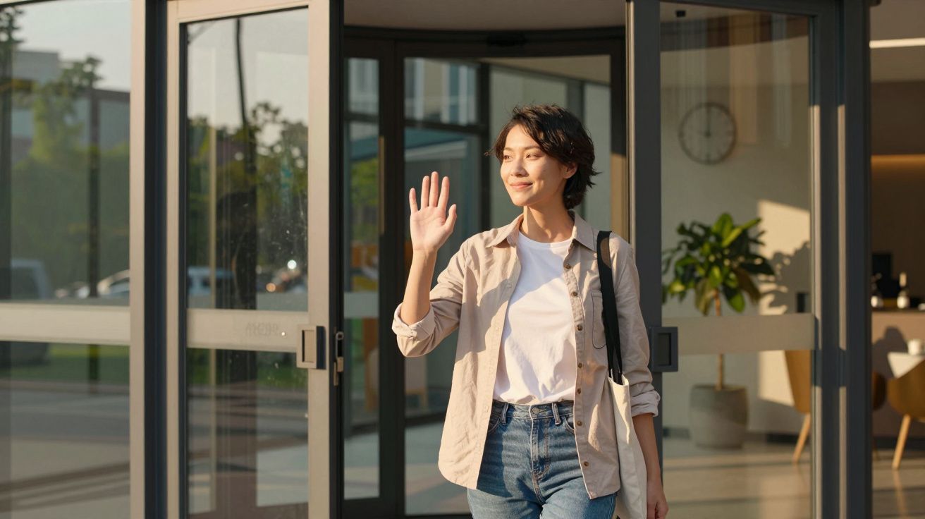 Mulher sorridente acena à porta de um edifício, com uma mochila no ombro, sob luz solar suave.