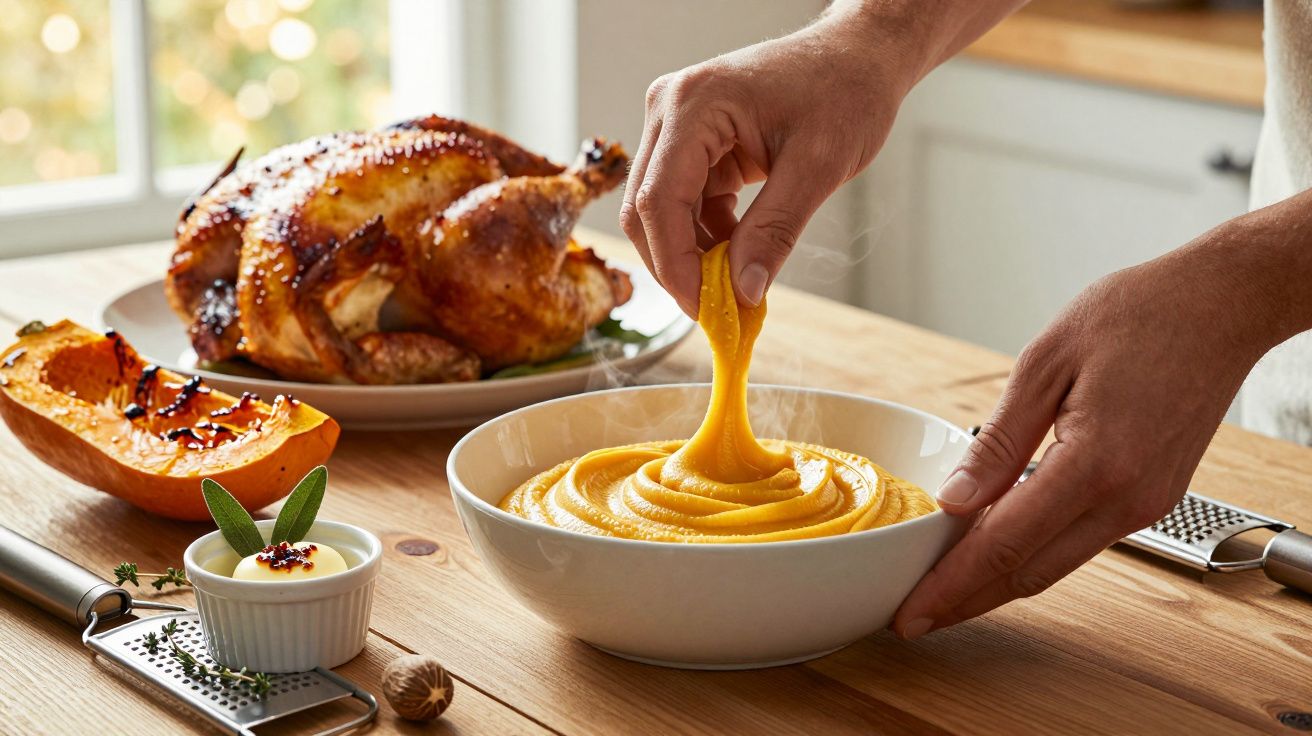 Mãos servindo puré de abóbora num prato, com frango assado e abóbora grelhada sobre uma mesa de madeira.