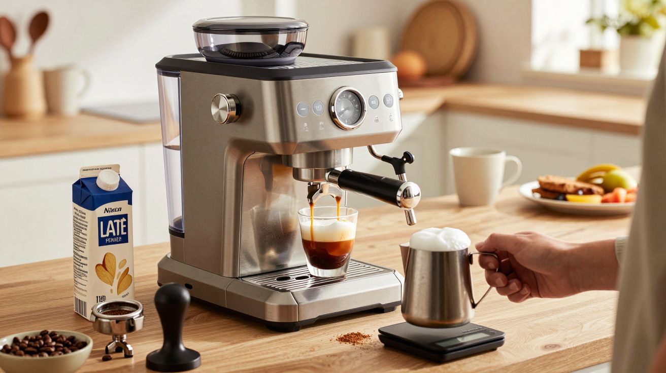 Máquina de café expresso prateada numa bancada de cozinha, com leite e café ao lado, enquanto alguém prepara espuma de leite.
