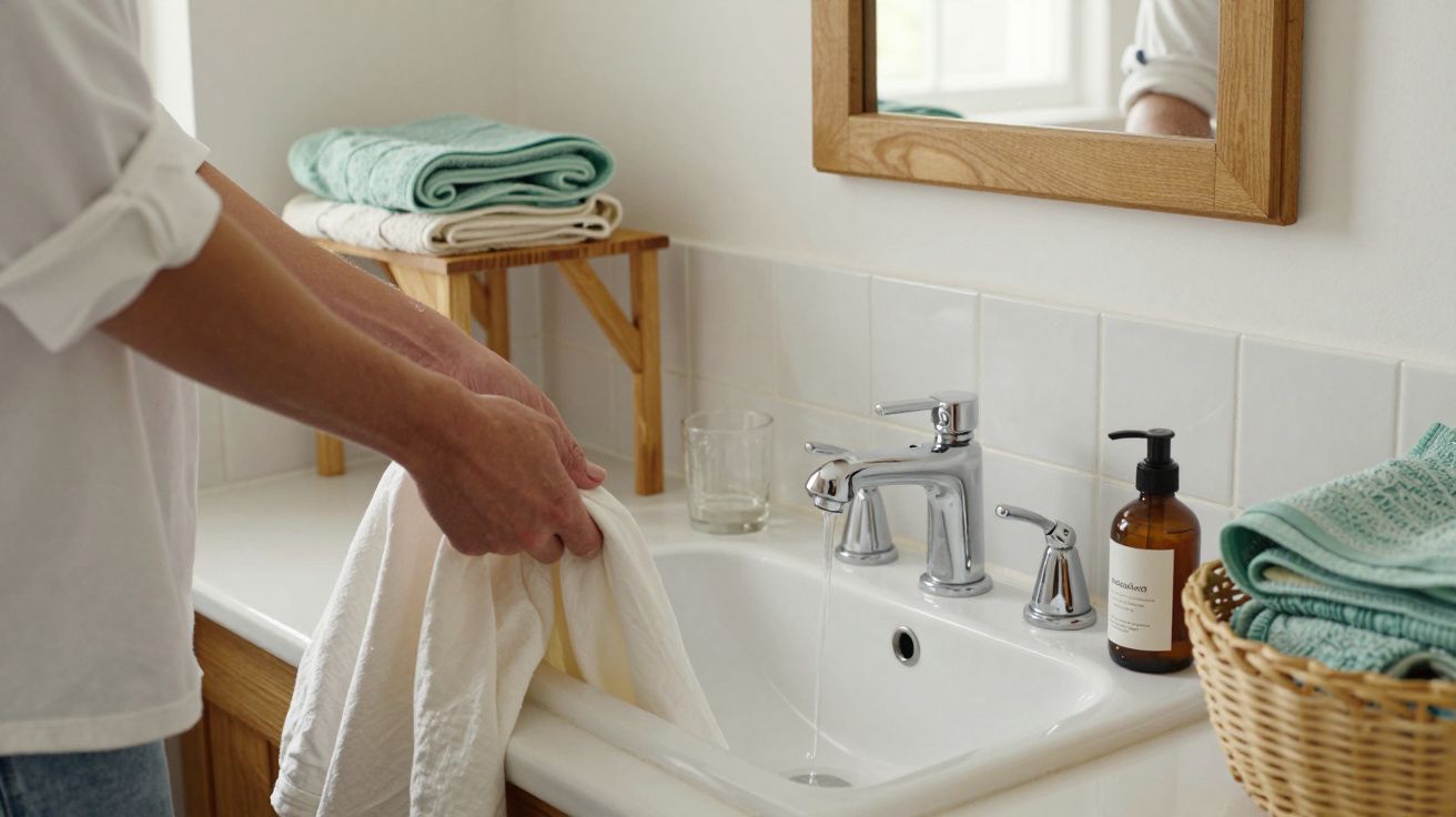 Pessoa lavando toalhas brancas num lavatório, com toalhas verdes e sabão ao lado.