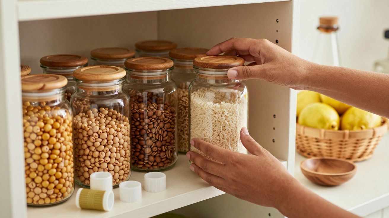 Mãos ajustam um frasco de vidro com arroz numa prateleira, ao lado de frascos com grãos e uma cesta com limões.