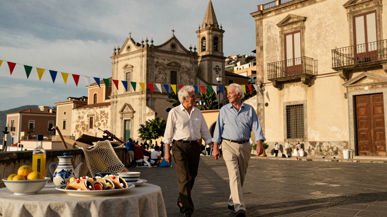 Dois homens caminham numa praça com igreja ao fundo e mesa de comida em primeiro plano. Bandeiras coloridas enfeitam o local.