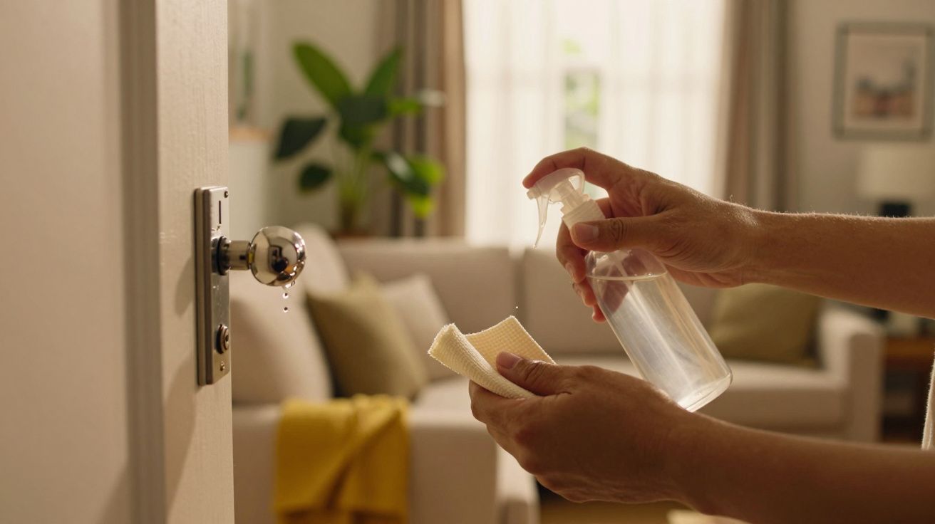 Mãos pulverizando desinfetante em pano perto de maçaneta numa sala com sofá e plantas.