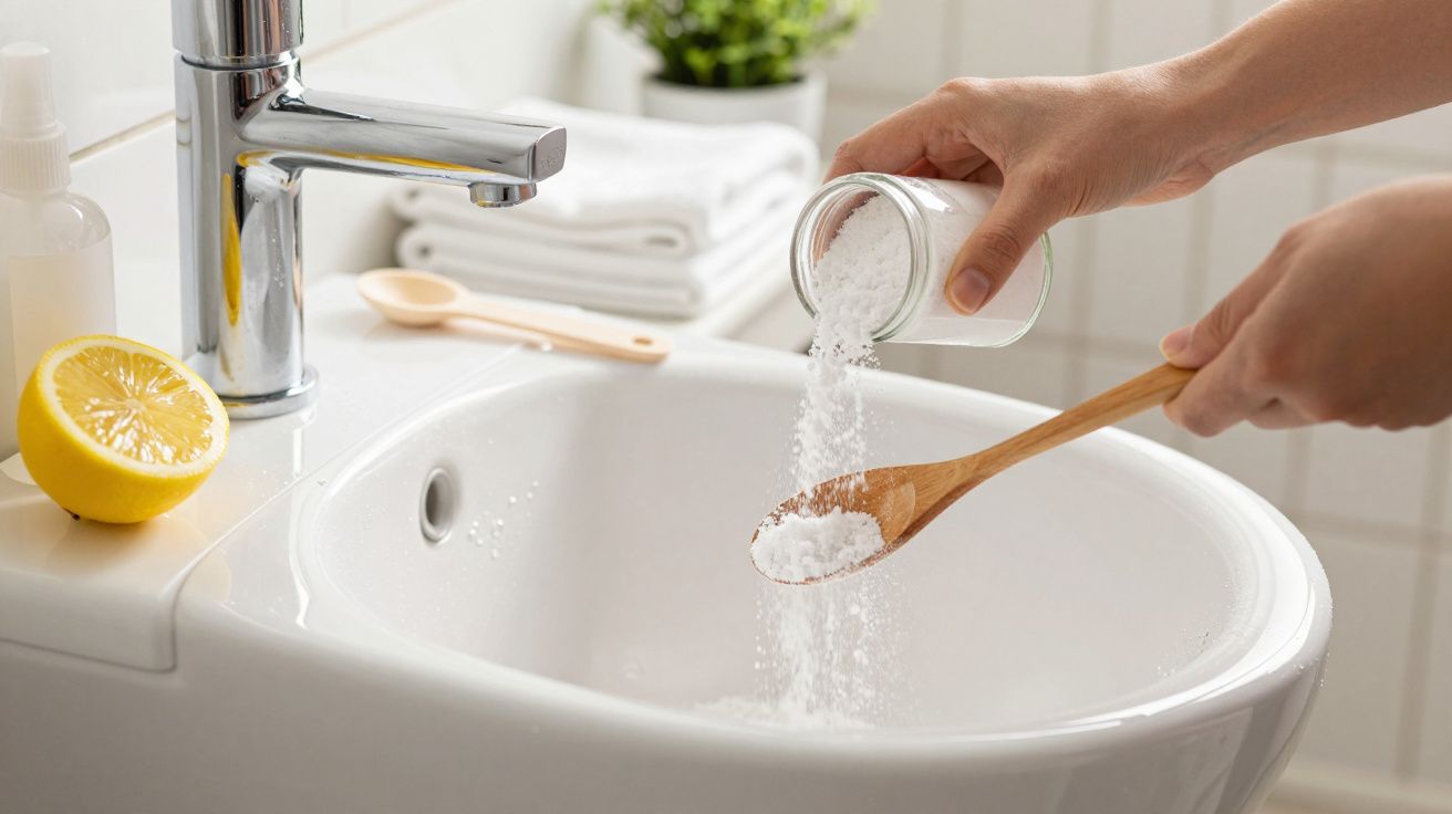 Mãos despejam pó branco num lavatório, com uma colher de madeira e limão ao lado.