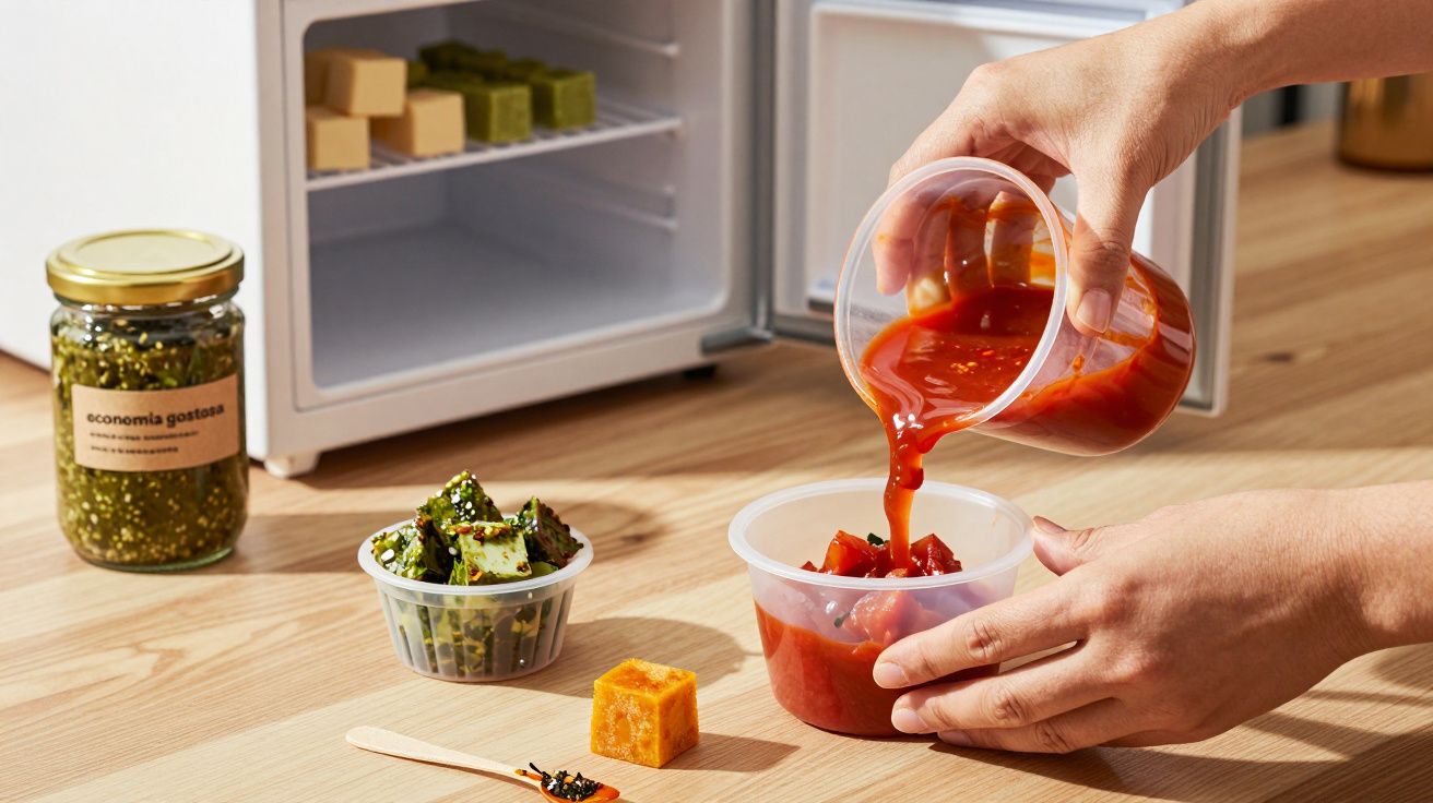 Pessoa a verter molho vermelho num recipiente, com alimentos e mini frigorífico próximo.