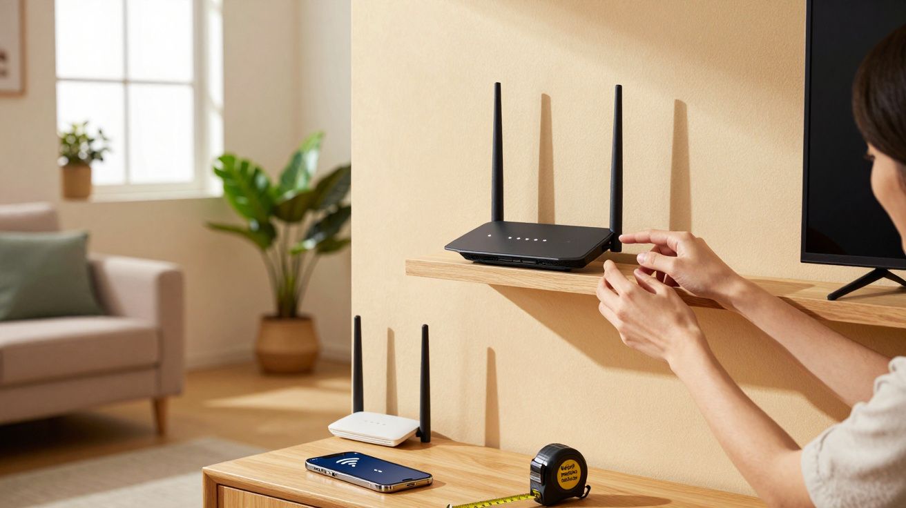 Pessoa ajusta um router Wi-Fi preto numa sala moderna com sofá, planta e smartphone azul sobre a mesa.