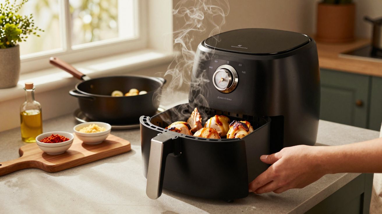 Fritadeira de ar quente preta a cozinhar coxas de frango; ingredientes e frigideira ao fundo numa cozinha iluminada.