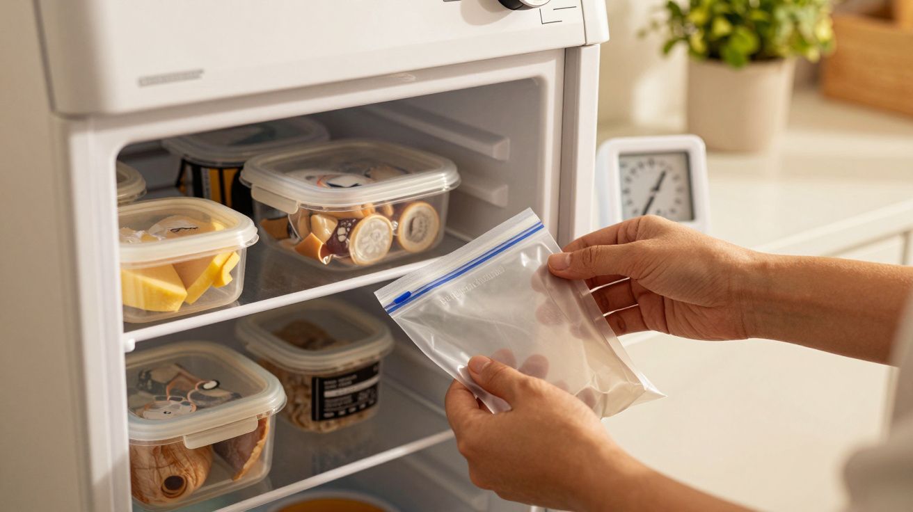 Mãos colocando saco plástico em frigorífico organizado com recipientes de alimentos.