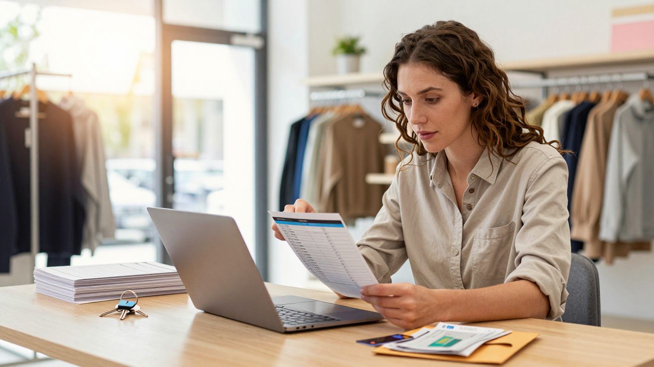 Mulher trabalha num portátil numa loja, analisando documentos, com roupas penduradas ao fundo.